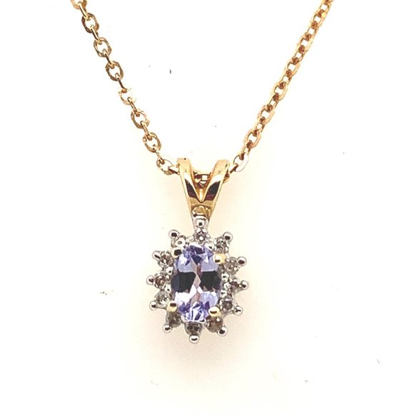 Tanzanite and Diamond Halo 14K Yellow Gold 18" Necklace - Picture 1 of 3